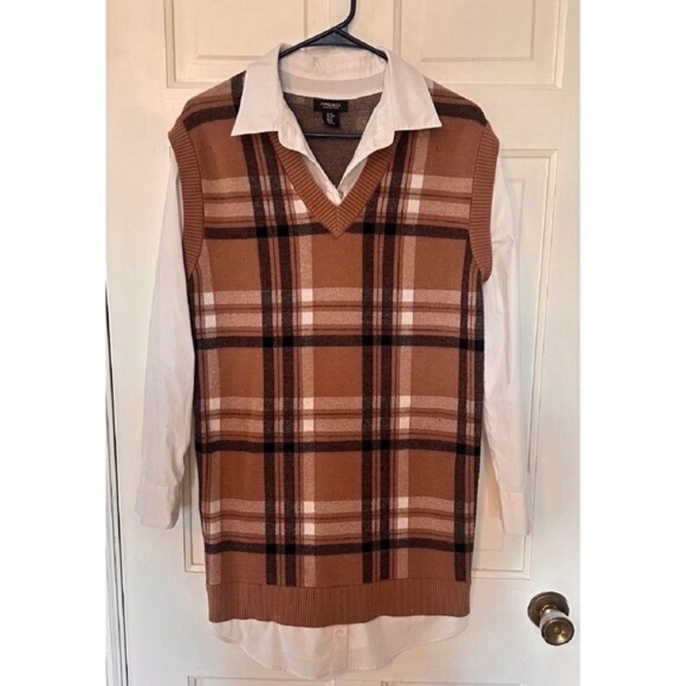 Jones‎ & Co Plaid Sweater Vest Top Dress Tunic Sleeveless Brown White Black M